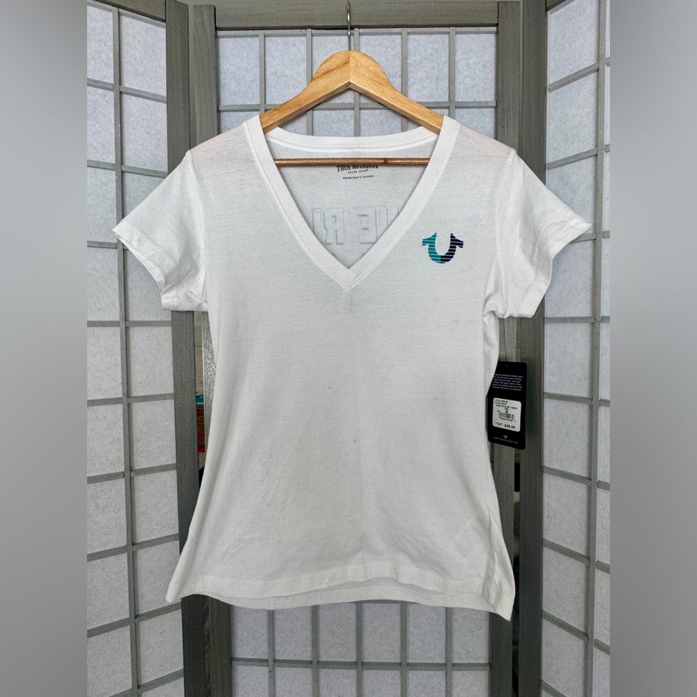 True Religion White V-Neck Tee with Blue Logo